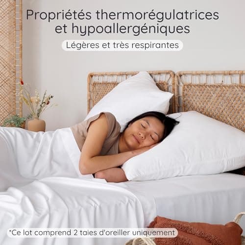 Taies d'oreiller Blanches 50x75 Lot de 2 | Bambou Bio | Taie Anti Acarien | Taie pour Oreiller Doux | Drap Refroidissant | Housse de Coussin Rectangulaire | Taie Oreiller 50 X 75 | Bambaw