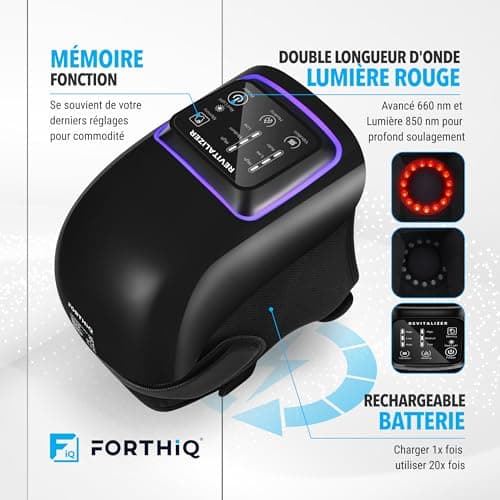 FORTHiQ Pro+ Massage Genoux avec Chaleur et Lumière Rouge, 6-en-1: Chaleur, Lumière Rouge à Double Longueur d'Onde et Vibration – Sans Fil, Portable, Rechargeable, Fonction Mémoire, Bandes Ajustables