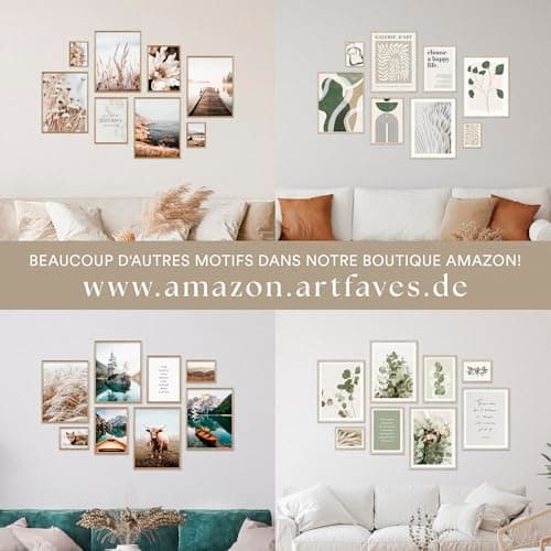 ARTFAVES® Ensemble d'affiches decoration murale - DOUCEUR BEIGE - 8 poster moderne - Salon et chambre Formes abstraites, herbe de pampa, fleur, beige, mer - sans cadre