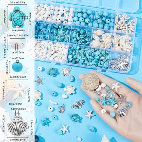 SUNNYCLUE 1 boîte de 217 perles de Tortue de Mer, Perles D'Étoile de Mer, Perles D'Étoile de Mer, Breloques en Vrac, Breloques de Tortue D'Océan Hawaïennes, Perles Turquoise, Perles D'Espacement en Vr