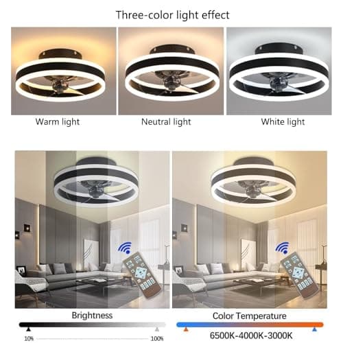 AHWEKR Petit Ventilateur de Plafond LED 40CM avec lumière pour Une Utilisation en Toute sécurité, 6 Vitesses, LED réversible et dimmable, 3 températures de Couleur en Option,Noir