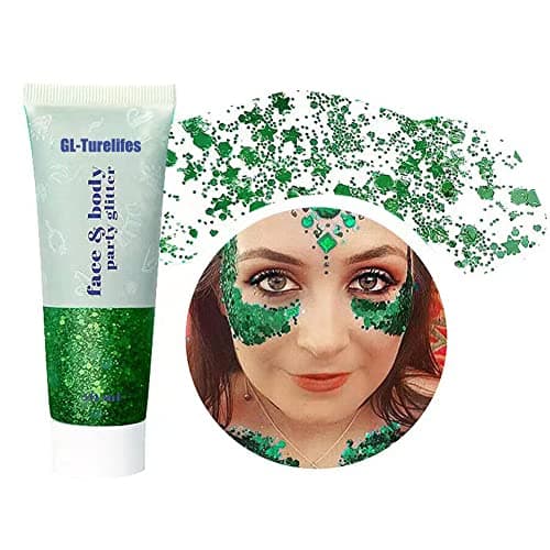 GL-Turelifes Chunky Glitter Gel Glitter Body Gel Festival Glitter Cosmétique Visage Cheveux Ongles Maquillage Sirène Paillettes Liquide Fard À Paupières Longue Durée Étincelant 50 ml (#09 Vert)