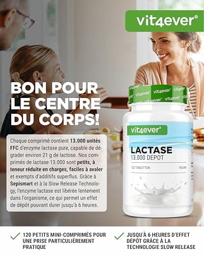 Lactase 13.000 Depot - 120 comprimés à libération prolongée (Sepismart® Slow Release) - Hautement dosé avec 13.000 unités FCC - En cas d'intolérance au lactose + intolérance au lait
