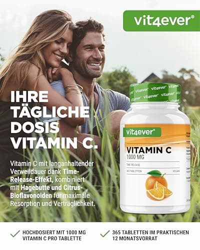 Vitamine C 1000mg - 365 comprimés par an - Effet à libération prolongée - Testé en laboratoire - Vitamine C + Extrait d'églantier + Bioflavonoïdes d'agrumes - Végétalien - Fortement dosé