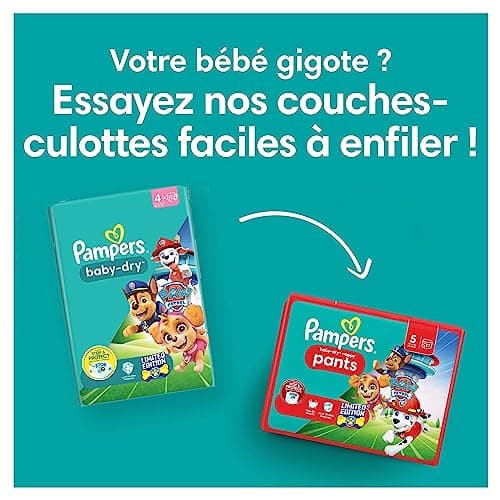 Pampers Baby-Dry, Taille 4, 222 Couches, 9-14kg, A La Rescousse Contre Les Fuites Grâce A Une Protection Intégrale Jusqu'à 12h, Edition Limitée avec La Pat’Patrouille, Pack 1 Mois