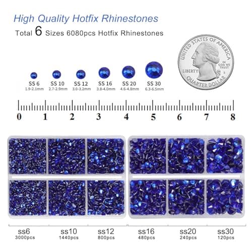BEADSLAND Strass Hotfix, 6080PCS Strass Bleue Thermocollant pour Vetement Mixte 6 Tailles avec Crayon de Cire et Kit Pince à Épiler, SS6-SS30,Saphir