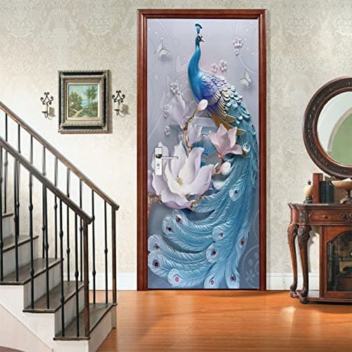 A.Monamour Sticker Porte Autocollant Poster De Porte 3D Décoration Intérieure De Paon Bleu Et Fleurs Papillon Vinyle Affiche De Porte Sticker Mural Papier Peint Art Décor 90 x 200 cm
