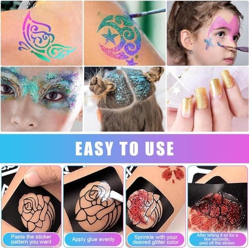 Kit Tatouage Paillettes Enfant Filles, 36 Couleurs Tatouage Temporaire à Paillettes, Kit Maquillage de Tatouage Paillette Temporaires, Cadeau pour Anniversaire Carnaval Fête