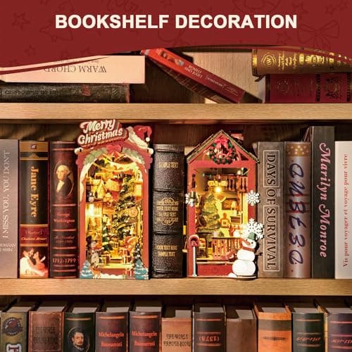 ROBOTIME Book Nook Kit Maison de Poupée en Bois, Booknook Puzzle 3D avec Lumières LED, Nook Book Cadeau de Vacances (Rue de Noël)