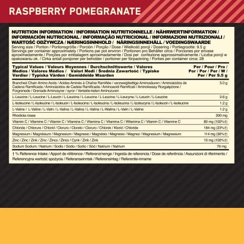 Optimum Nutrition Gold Standard BCAA Train + Sustain, poudre d'acides aminés pré-entraînement, boisson sportive, vitamine C, zinc, magnésium et électrolytes, sav. framboise & grenade, 28 doses, 266 g