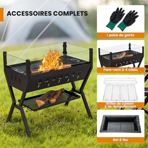 GOPLUS Barbecue à Charbon de Bois avec Verre Coupe-vent, Grille à Griller, BBQ Grill avec Supports d'Assaisonnement et Étagère de Rangement pour Pique-Nique, Jardin, Camping, 98 x 42 x 68 cm