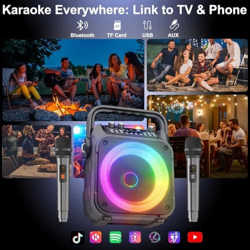 Karaoke Adulte, Haut-Parleur Bluetooth Portable Karaoke pour Adultes avec 2 Microphones sans Fil, Système PA pour Adultes et Enfants avec Lumières LED pour Les Fêtes (Noir)