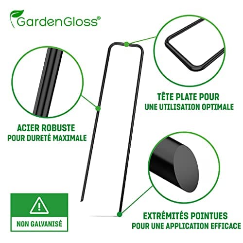 GardenGloss Piquets de Fixation en Acier (25 Pièces) - pour Toiles de Paillages et de Jardinage, Grillage et Filets - 150 mm de Long, 25 mm de Large, Ø 2.7 mm