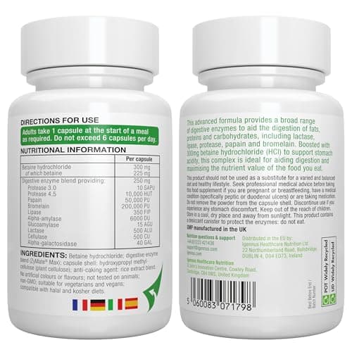 Enzymes Digestives & Bétaïne HCl, 90 Capsules, Complexe Avancée de 10 Enzymes Digestives compris Bromélaïne, Papaïne, Lactase, Lipase, Formule Pure et 100% Végétale - par Igennus