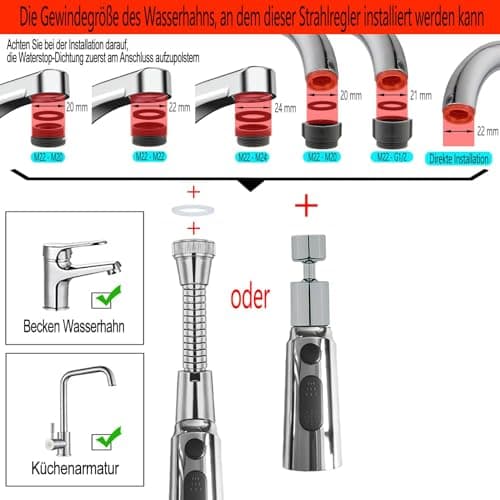Mousseur Robinet 360° Pivotant pour Cuisine, Aérateur de Robinet Évierr, Robinet Barboteur avec Tuyau Prolongé, Filtre de Buse Tête, avec 5 Adaptateur Fileté de Buse pour M22 à M20,M22,M24,G1/2,FM20