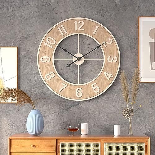 Lidzopas Grande Horloge Murale silencieuse, Horloge Murale Moderne en Grain de Bois avec Chiffres Arabes pour Salon Chambre Bureau Salle de Classe - 60 cm