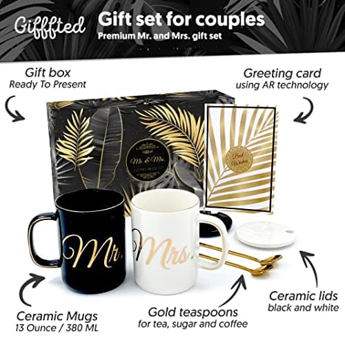 Gifffted Ensemble de Mugs Mr et Mrs avec Couvercles et Cuillères à Café pour d'anniversaire, Cadeau de Mariage, Comme Cadeau de Fiançailles, Noël, Emballage de Panier Luxueux, Tasses de Couple
