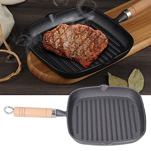 Poele Fonte, Poêle à Griller En Fonte, Grill à Steak, Bâtons Quadrate En Fonte Steak Pan, Plaque De Cuisson Antiadhésive Poêles à Griller Avec Poignée En Grain De Bois, Pour Griller, Frire, Sauter