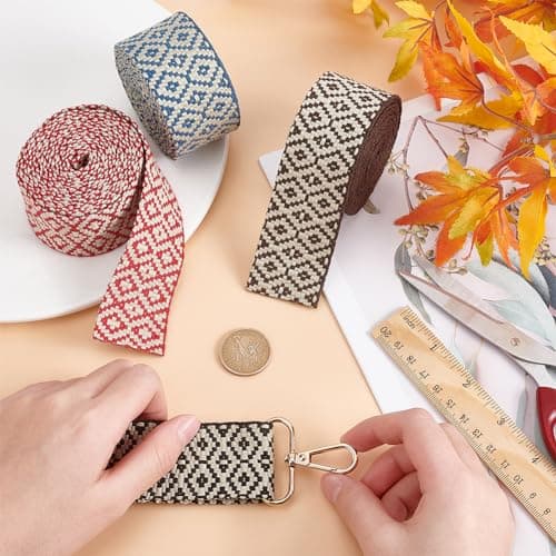 BENECREAT 8 Yards/7.3m Rubans Jacquard Losange 4 Couleurs, Sangle Jacquard Plate de 38mm de Large, Ruban Tissé en Polycoton pour Couture Artisanale et Vêtements, Poignées de Sac