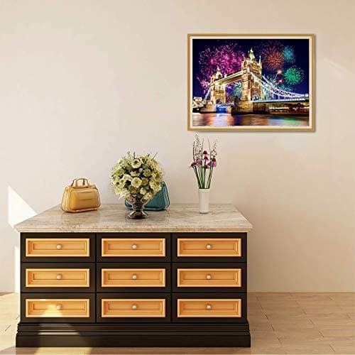 Reofrey Diamond Painting 5D Diamant Peinture Feux d'artifice Nuit Pont DIY Cristal Strass Peinture Plein Forage Broderie Artisanat Point De Croix Chambre Salon Décoration Murale 30x40cm