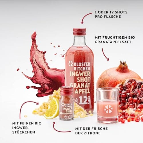 Kloster Kitchen Shot de Gingembre Bio Grenade 12SHOTS 360 ml avec morceaux de gingembre I vegan I bouteille en verre I doux-épicé sans additifs & (incl. 0,25€ consigne non consignée)