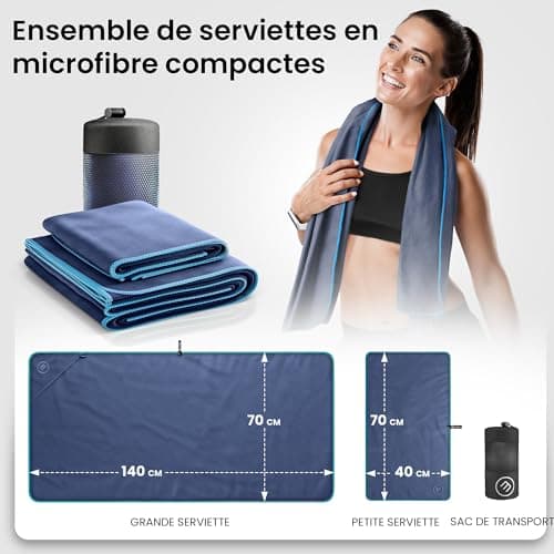 Serviette en microfibres + sac transport | Lot de 2 – Petite & grande: Serviette de bain + mains | Pour la douche | Légères, absorbantes, compactes | Séchage rapide - Sport camping voyage plage (Blue)