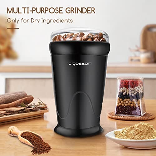 Aigostar Moulin à Café Électrique, Moulin à Épices Avec Lame En Acier Inoxydable, Moulin Multifonctionnel pour Moudre Grains à Café, Épices, Graine, Capacité de 60 gr, 150W, Noir
