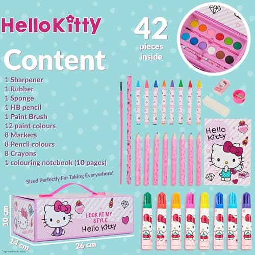 Hello Kitty Sanrio Coffret de Dessin Enfant, Kit Coloriage et Peinture, Crayons Feutres et Accessoires, Fournitures Kawaii en Mallette, Idée Cadeau Fille (Rose Hello Kitty à 3 Niveaux)