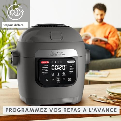 Moulinex Multicook & Fry, multicuiseur et air fryer intégré, 12programmes, Cuisson sur 2 niveaux, Départ différé, Capacité 6L, Gris Hippo, MZ730BF0