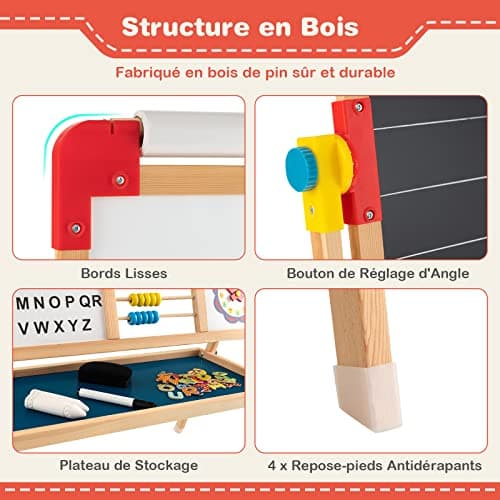 DREAMADE Chevalet d’Art pour Enfants, Chevalet en Bois Double Face Réglable avec Tableau Blanc Magnétique & Tableau Noir, Rouleau de Papier Bonus et Aimants en Lettres, Planche à Dessin Debout