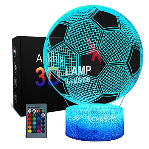 Football Veilleuse LED 3D Lampe Optique Illusion Veilleuse Enfant Lampe de Nuit pour Chambre Chevet Table avec 16 Couleurs et Télécommande Cadeau de Football pour Garçons Filles(Base Fissurée)