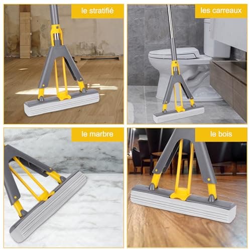 Masthome Balai Eponge Absorbant avec Essoreuse Intégrée, Balai Serpillière avec 3 Réutilisables PVA éponge Head, Poignée Réglable de 130 cm, Serpillière éponge pour Nettoyage Sols