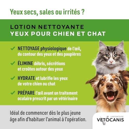 Vetocanis | Gouttes Yeux Chien et Chat 60ml | Hygiène du Chien et du Chat Toutes Tailles et Tous Âges | Lotion pour Yeux Hydratante , Blanc (L'emballage peut varier)