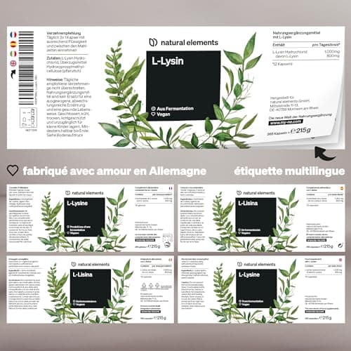 L-Lysine – 365 gélules – 1 000 mg par dose journalière – issu d’une fermentation végétale – végane, hautement dosé, sans additifs – fabriqué et contrôlé en laboratoire en Allemagne