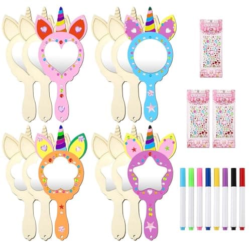 Lot de 12Kits Bricolage Miroir Kits,Licorne Artisanat en Bois à Peindre- Miroir en bois à peindre - Pour enfants - Cadeau de Fête - Kit de Bricolage en Bois Pour Enfants