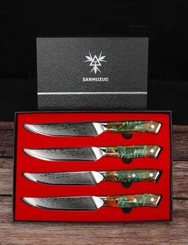 SANMUZUO Ensemble de couteaux à steak de 4 pièces, couteau à steak de cuisine ultra-tranchant non dentelé de 5 pouces - Acier de Damas et manche en résine - Série Xuan(Orange Fantastique)