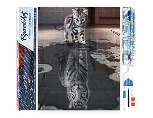 Figured’Art Diamond Painting Broderie Diamant 40x50cm Toile Entière Roulée avec Strass Perles Carrés - Reflet Tigre et Lion - Kit Complet Animaux 5D DIY Activité Manuelle Loisirs Créatifs Adultes