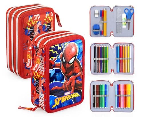 Clondo Trousse Triple Remplie Enfant, pour Spiderman Fan, 45 Accessoires Scolaires, 3 Fermetures Éclair, Compartiments Organisés, Crayons de Couleur, Feutres, Colle, Ciseaux