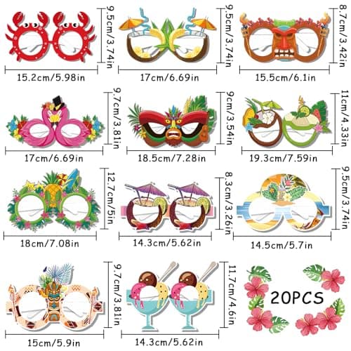 Lets Joy 20 Paires Lunette Drole, Lunettes de Fête Drôle Créatif, Lunettes Hawaiennes Tropicales, Lunettes de Soleil de Fête Luau, Lunettes de Soleil de Plage, Lunettes Fun Accessoires Photobooth