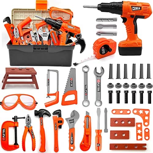 Hyrenee 45 Pièces Outils de Travail Jouet Enfants Constructions Boîte à Outils avec Perceuse Jeu D'imitation Jeu Éducatif Anniversaire Noël Cadeau pour Enfants 3 4 5 6 7 8 Ans