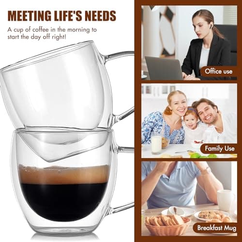 ALLOMN Lot de 2 tasses à café à double paroi, 250 ml, cappuccino, latte, macchiato avec poignée, résistantes à la chaleur, pour café, thé, lait, jus, crème glacée