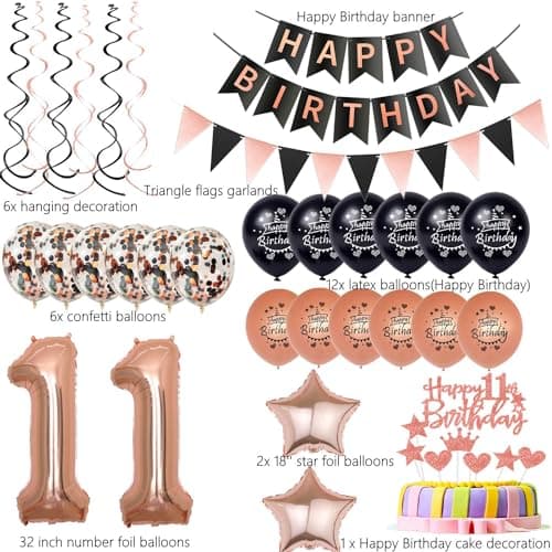 décoration 11 ans fille anniversaire ballons or rose noir,décoration anniversaire 11 ans fille ballons rosegold chiffre 11, Happy Birthday bannière 11 ans déco ballon 11 ans anniversaire fille