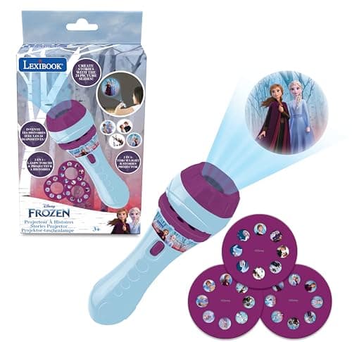 Lexibook, Lampe Torche et projecteur La Reine des Neiges avec 3 disques, 3+ ans, 24 Images, créez vos propres histoires, LTC050FZ, Blanc,violet