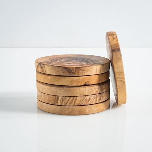 DARIDO Ensemble de 6 sous Verre Rondin de Bois d'Olivier Rustiques avec Support - Faits à la Main - 8 cm - Rondins de Bois Déco - Dessous de Verre - Tranche Bois Décorative – sous Tasse de Bois