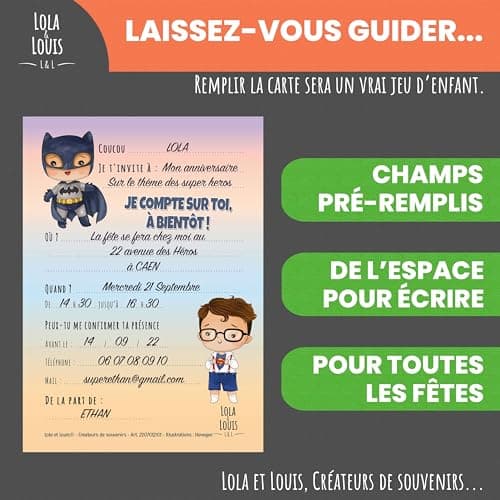LOLA & LOUIS® • 10 cartes invitation anniversaire en Français • 10 enveloppes • Thèmes super-héros (Spiderman, Flash, Captain America, Batman) • Cartons pour inviter filles et garçons