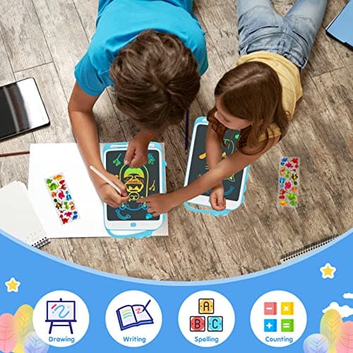 YOUANG 10 Pouces Tablette D'écriture LCD de Dessin Colorée pour 2 3 4 5 6 7 Ans, Effaçables et Réutilisables, Dinosaure Jouet Cadeaux d'anniversaire de Noël pour Enfants (Bleu)
