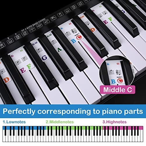 Amovibles Autocollants de Clavier de Piano Guide de Notes de Piano Pleine Grandeur à 88 Touches pas Besoin de Coller Étiquettes Colorées Réutilisables pour Clavier de Piano avec Boîte