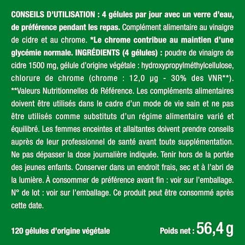 Vinaigre de Cidre - 1500 mg - Avec Chrome - Aide à la Perte de Poids, Contrôle du Taux de Sucre Sanguin - Alternative au Morosil - Goût Neutre - 120 Gélules Vegan - Nutrimea - Fabriqué en France