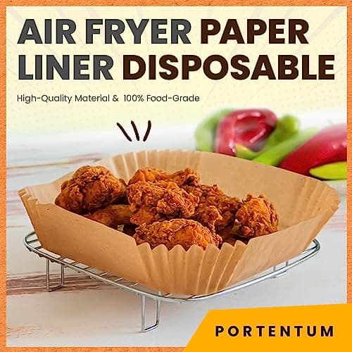 PORTENTUM Papier cuisson air fryer - 100 pièces Food-Grade BPA gratuit, 20 x 20 cm, pour friteuse sans huile 5 à 8 litres - Idéal pour la cuisson saine