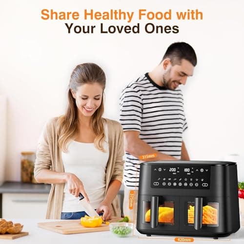 9L Dual Zone Air Fryer avec Fenêtre de Visualisation, Friteuse sans Huile avec 2 Tiroir, 9-in-1 Programmes de Cuisson, Écran Tactile, Fonction Rendez-vous, Faible en Grasses, Va au Lave-vaisselle